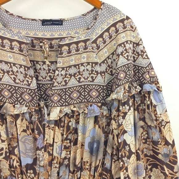 LANCE CADE Boho Ruffle Trim Balloon Sleeved Tie Front Mixed Print Dress Large - Picture 3 of 5